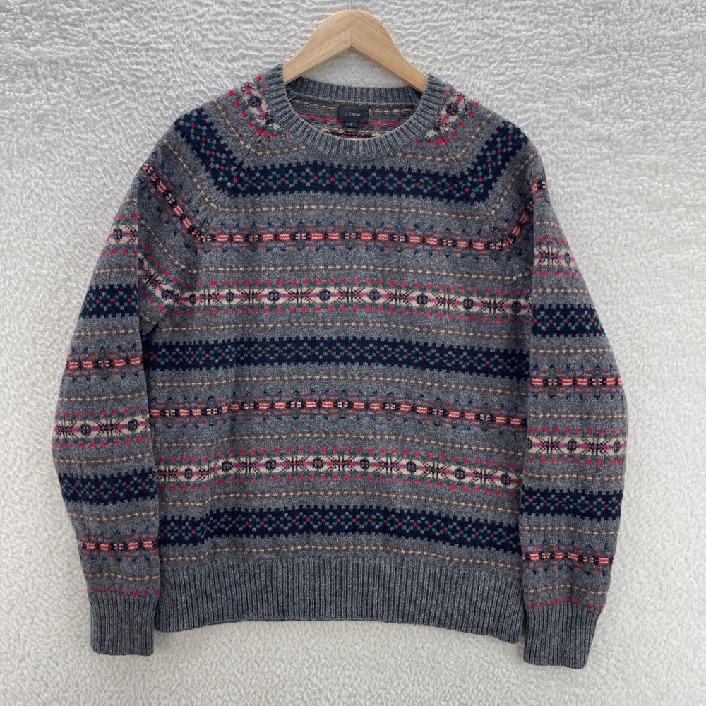 J Crew Crewneck Sweater Mens Large Multicolor Fair Isle Lambswool Nordic Preppy